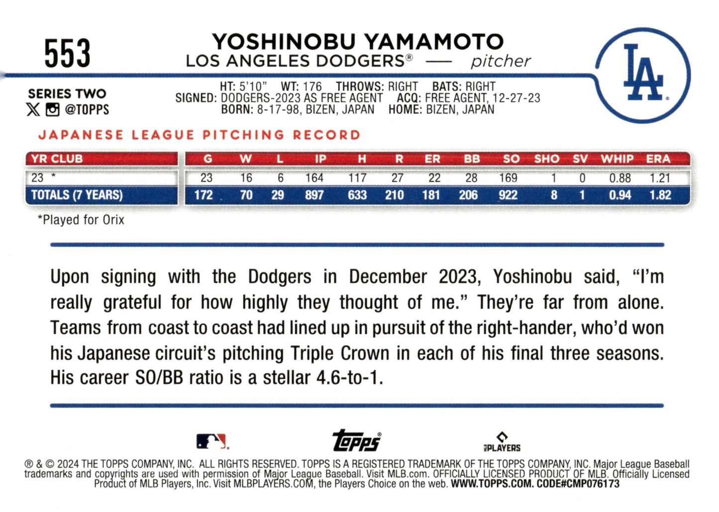 Yoshinobu Yamamoto 2024 Topps Series 2 RC #553 #1 - Collector Store LLC