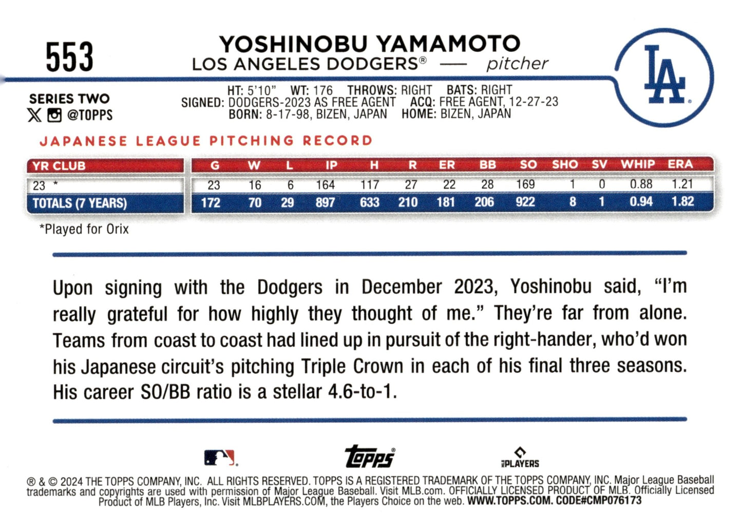 Yoshinobu Yamamoto 2024 Topps Series 2 RC #553 #2 - Collector Store LLC