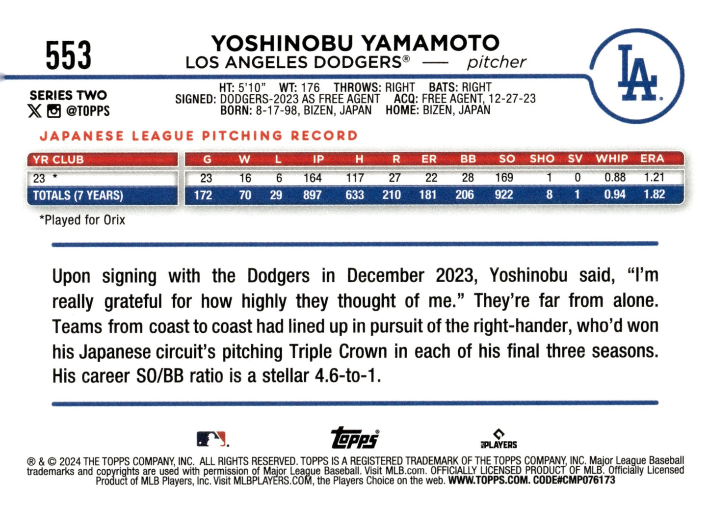 Yoshinobu Yamamoto 2024 Topps Series 2 RC #553 #3 - Collector Store LLC
