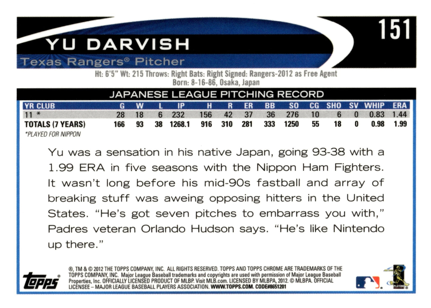 Yu Darvish 2012 Topps Chrome RC #151 - Collector Store LLC