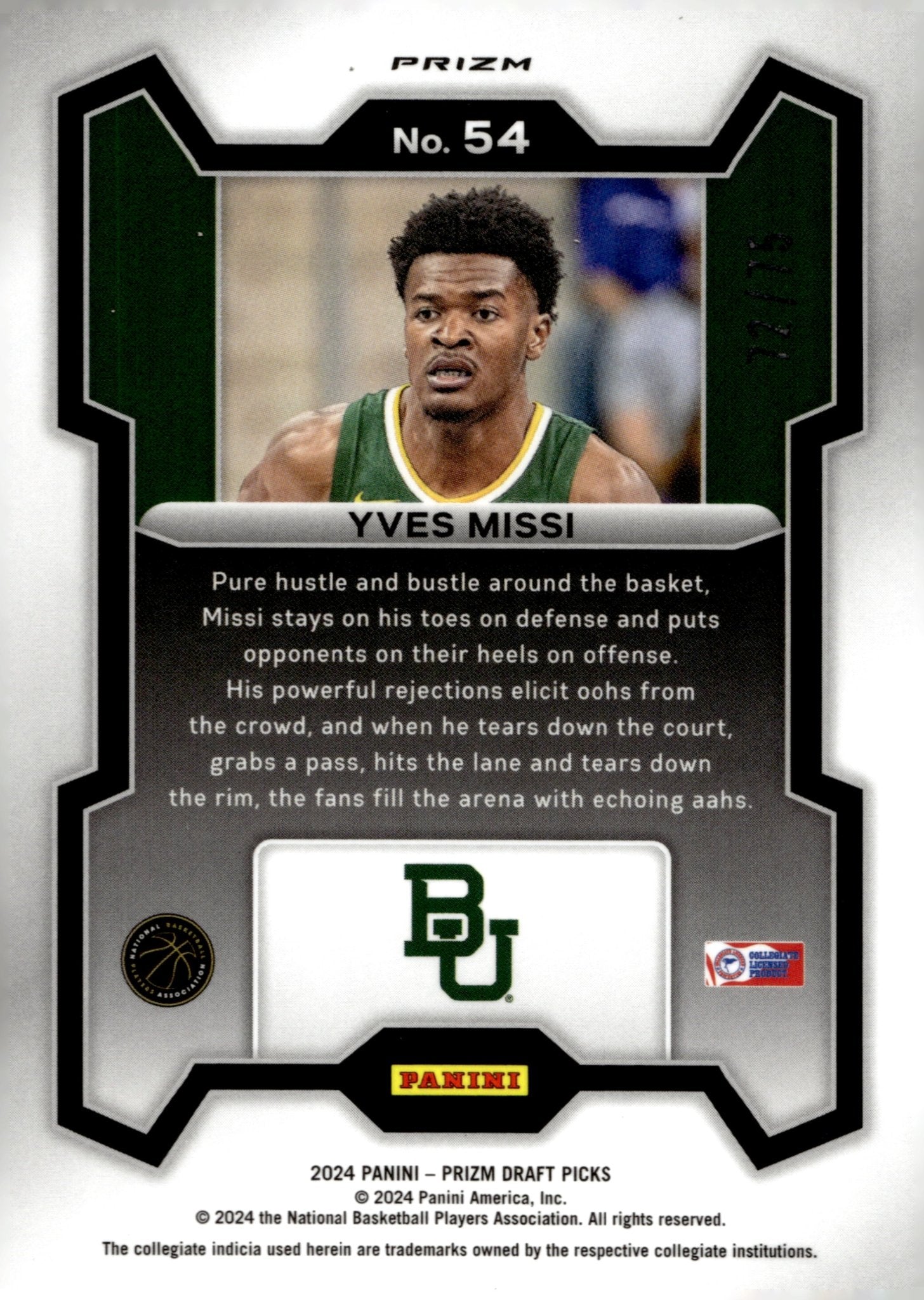 Yves Missi 2024 Panini Prizm Draft Picks Purple Prizm RC 72/75 #54 - Collector Store LLC