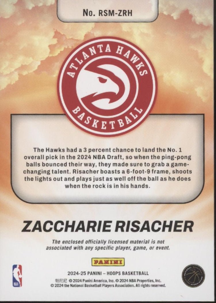 Zaccharie Risacher 2024 - 25 Panini Hoops Rise 'n Shine Swatch RC #RSM - ZRH - Collector Store LLC