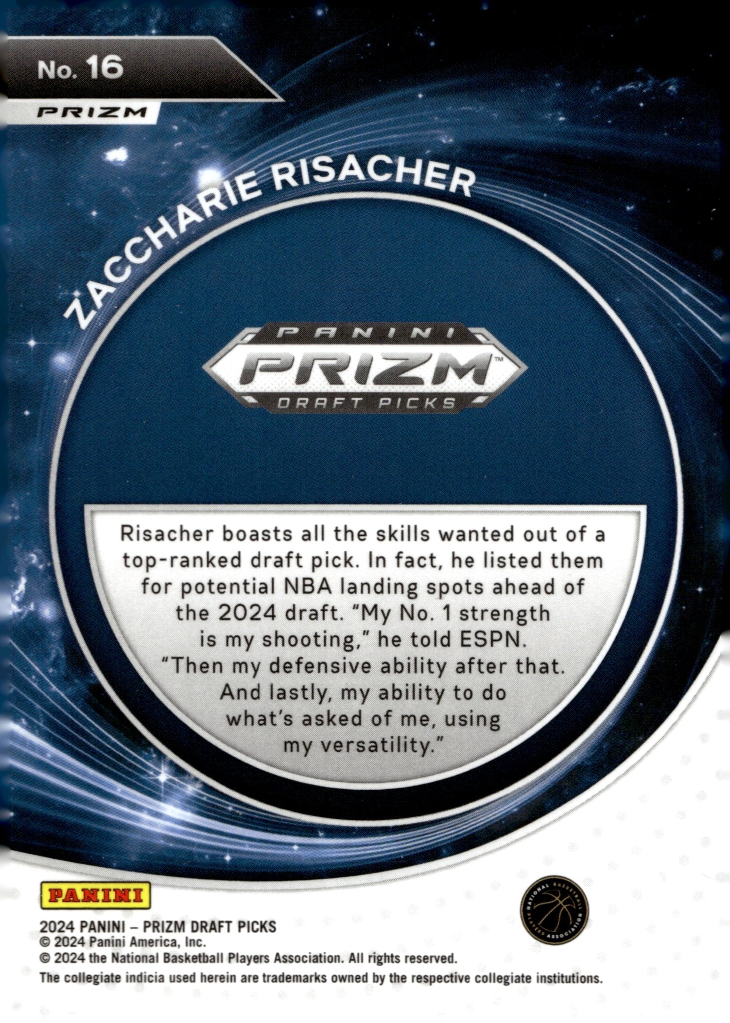 Zaccharie Risacher 2024 Prizm Draft Picks Student Orientation Prizm RC #16 - Collector Store LLC
