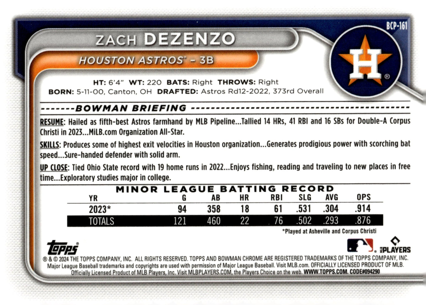 Zach Dezenzo 2024 Bowman Chrome Aqua Mojo Refractor 268/299 #BCP - 161 - Collector Store LLC