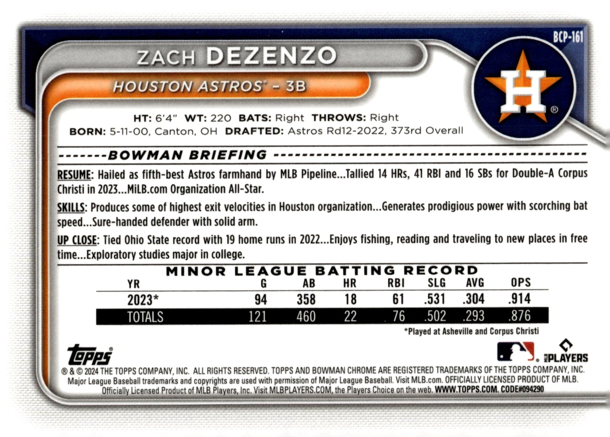 Zach Dezenzo 2024 Bowman Chrome Aqua Mojo Refractor 268/299 #BCP - 161 - Collector Store LLC