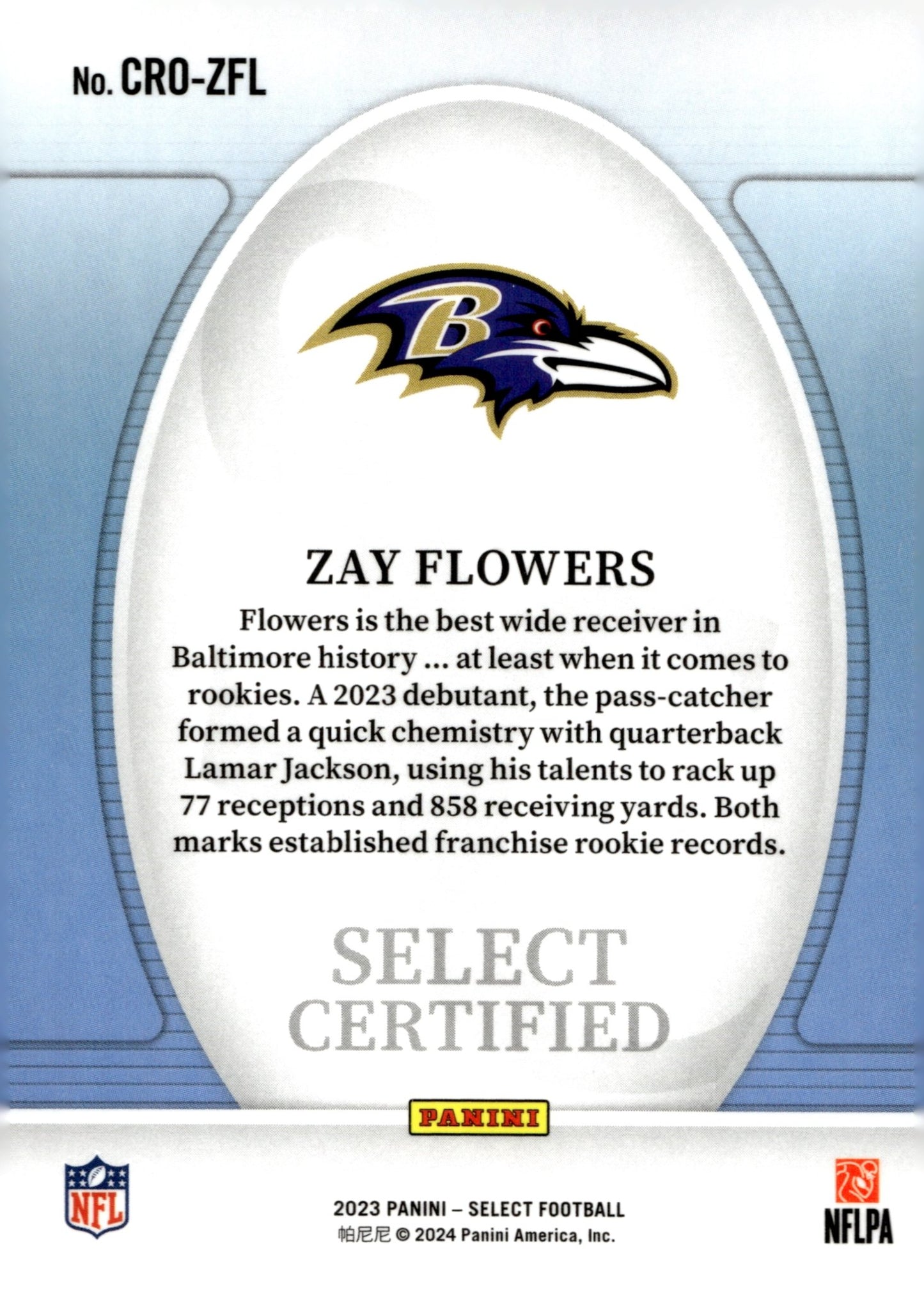 Zay Flowers 2023 Panini Select Certified RC #CRO - ZFL - Collector Store LLC