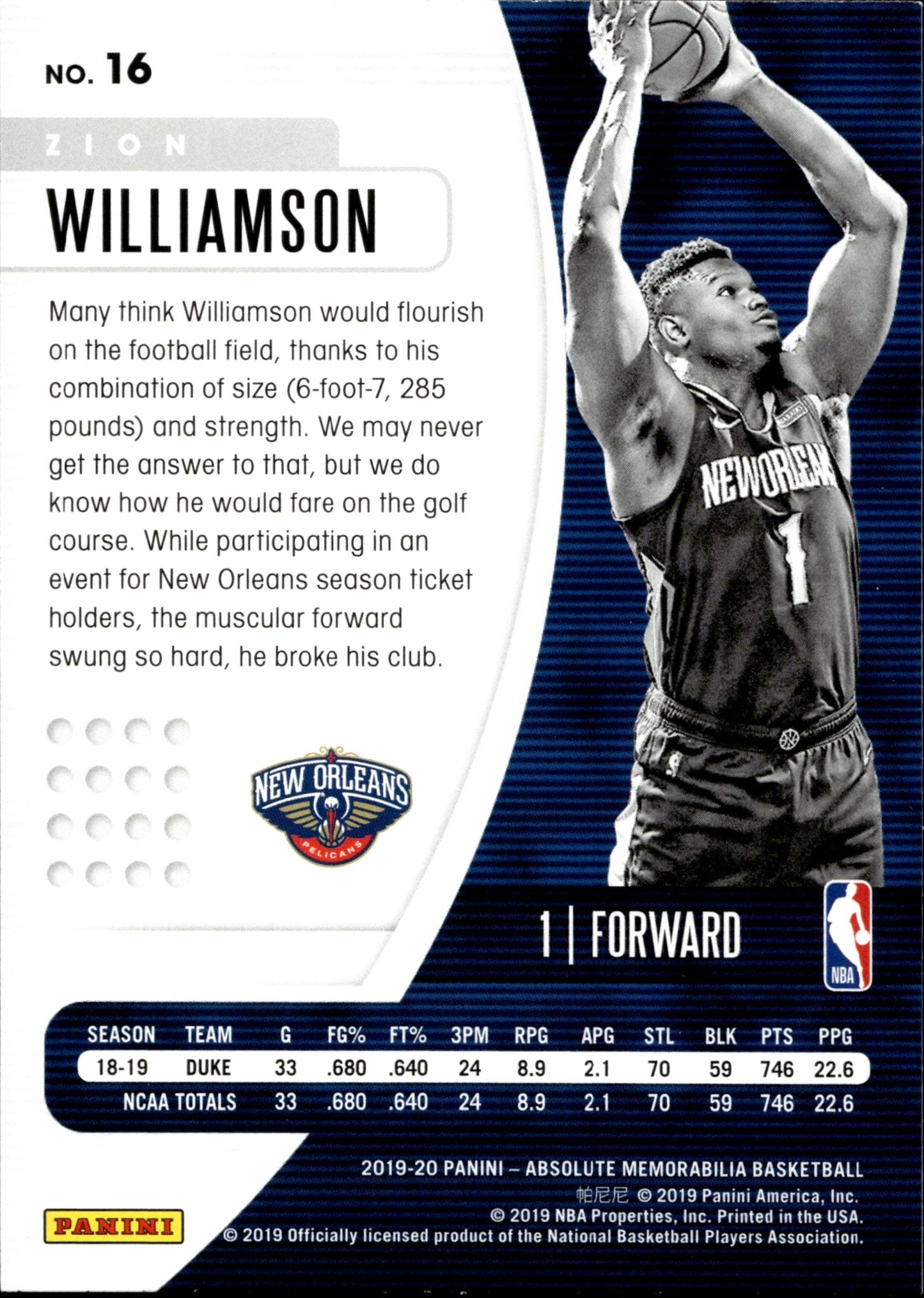Zion Williamson 2019 - 20 Panini Absolute Memorabilia RC #16 - Collector Store LLC