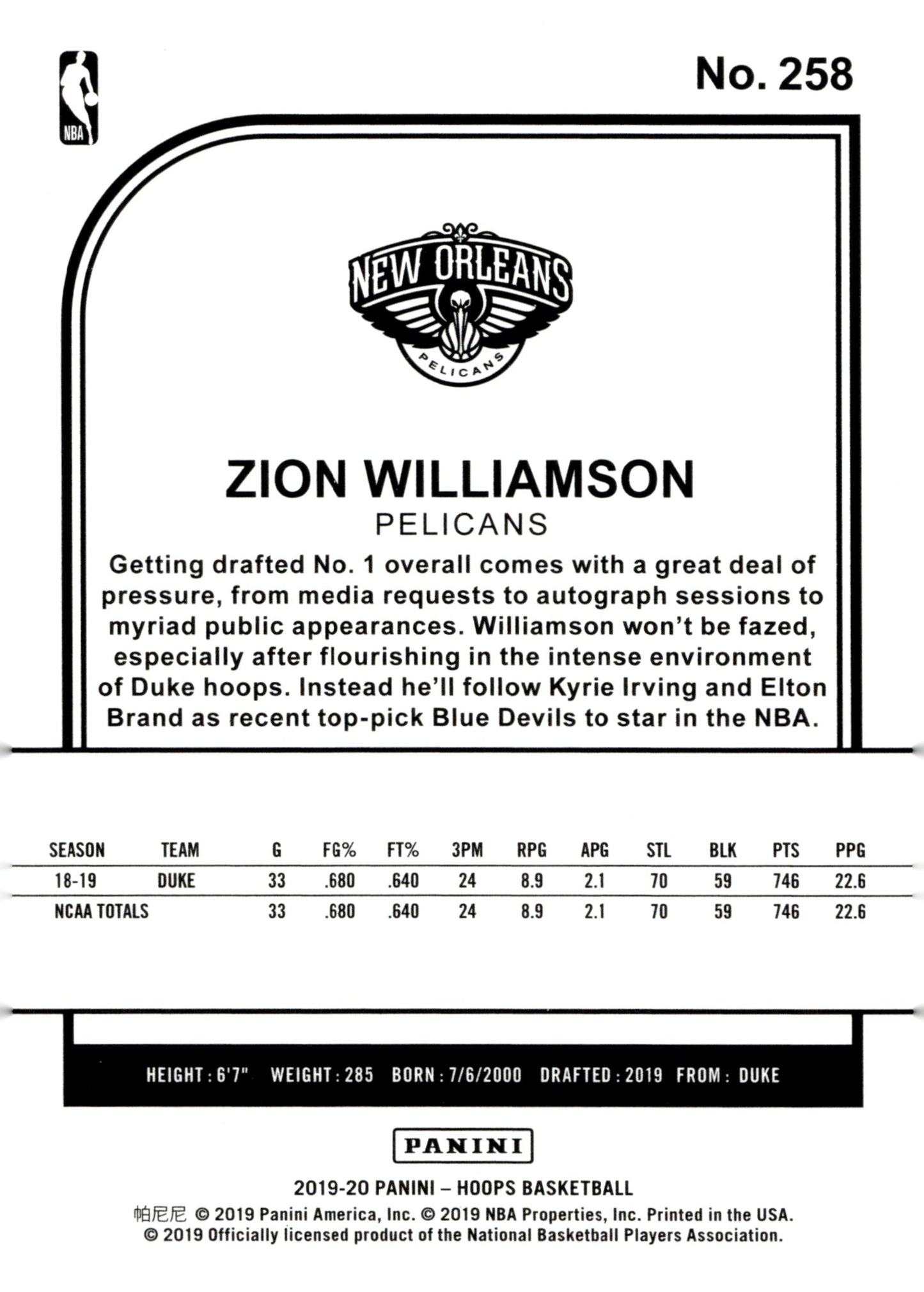 Zion Williamson 2019 - 20 Panini Hoops RC #258 - Collector Store LLC