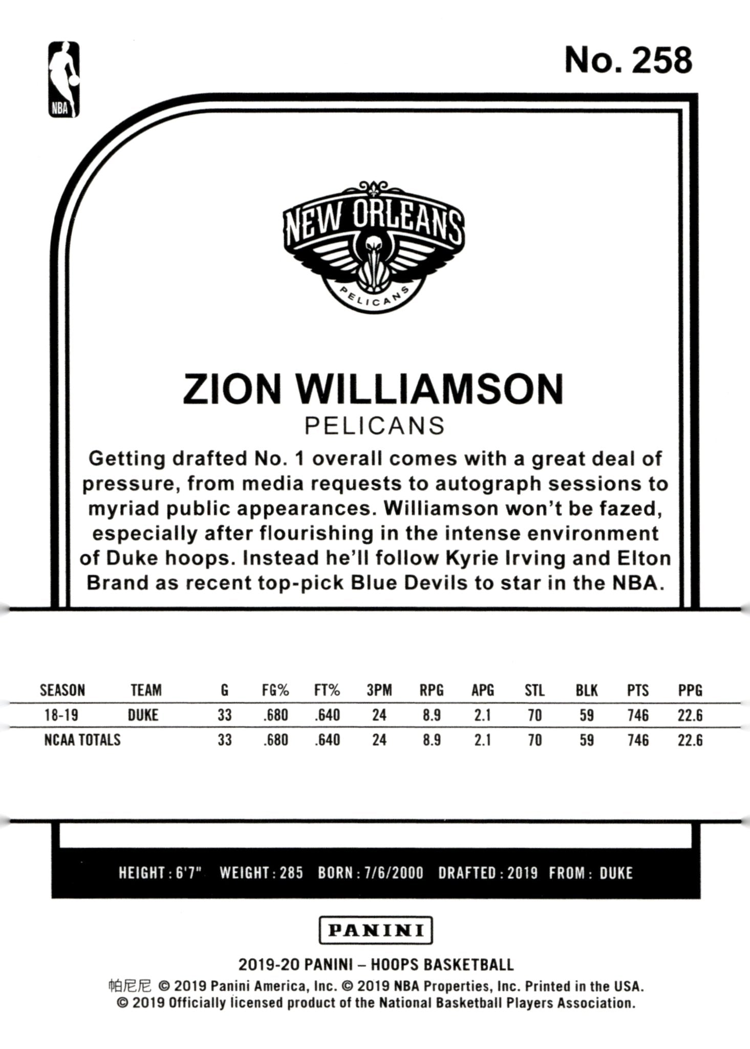 Zion Williamson 2019 - 20 Panini Hoops RC #258 - Collector Store LLC