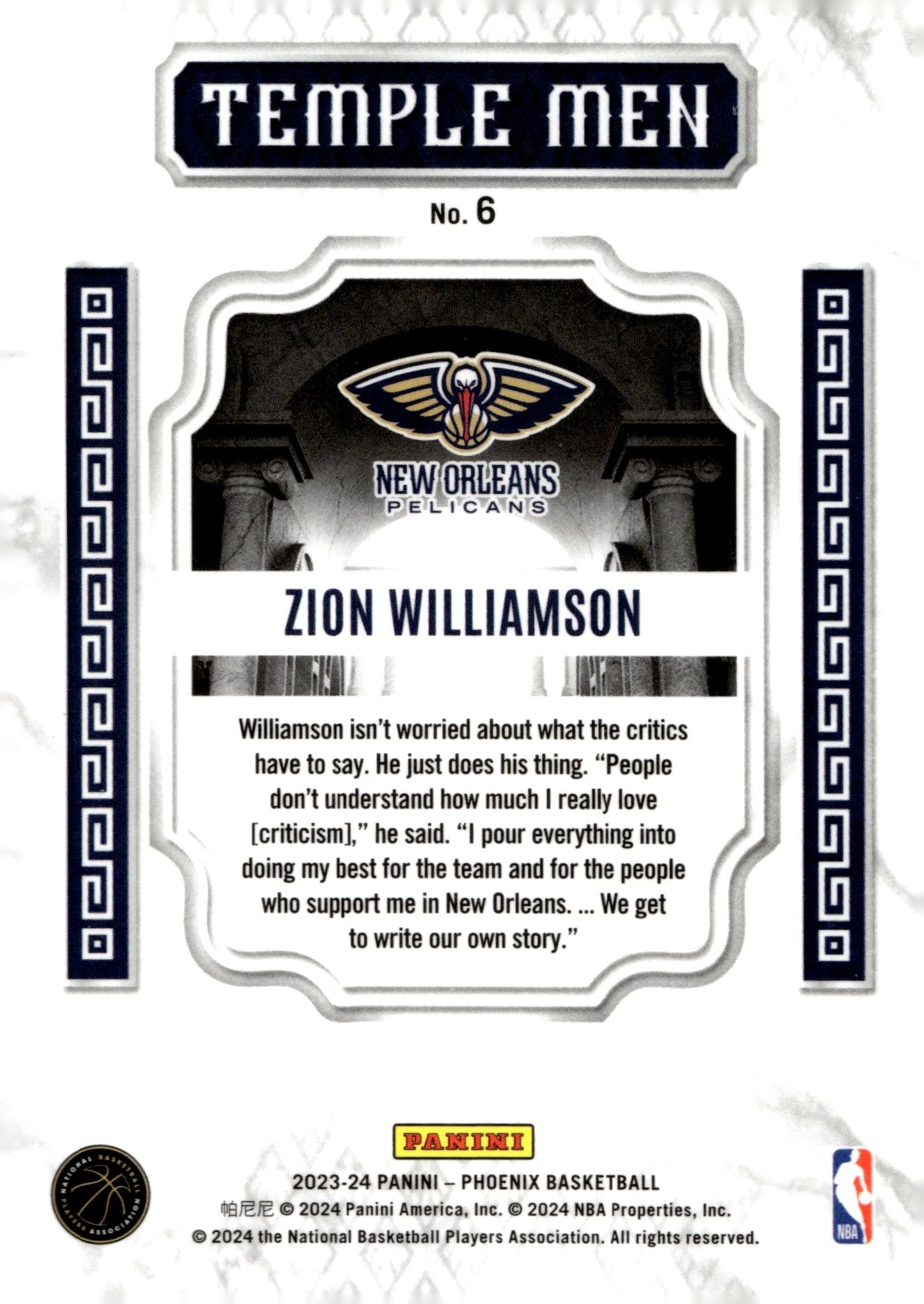 Zion Williamson 2023 - 24 Panini Phoenix Temple Men Purple Ice Prizm #6 - Collector Store LLC