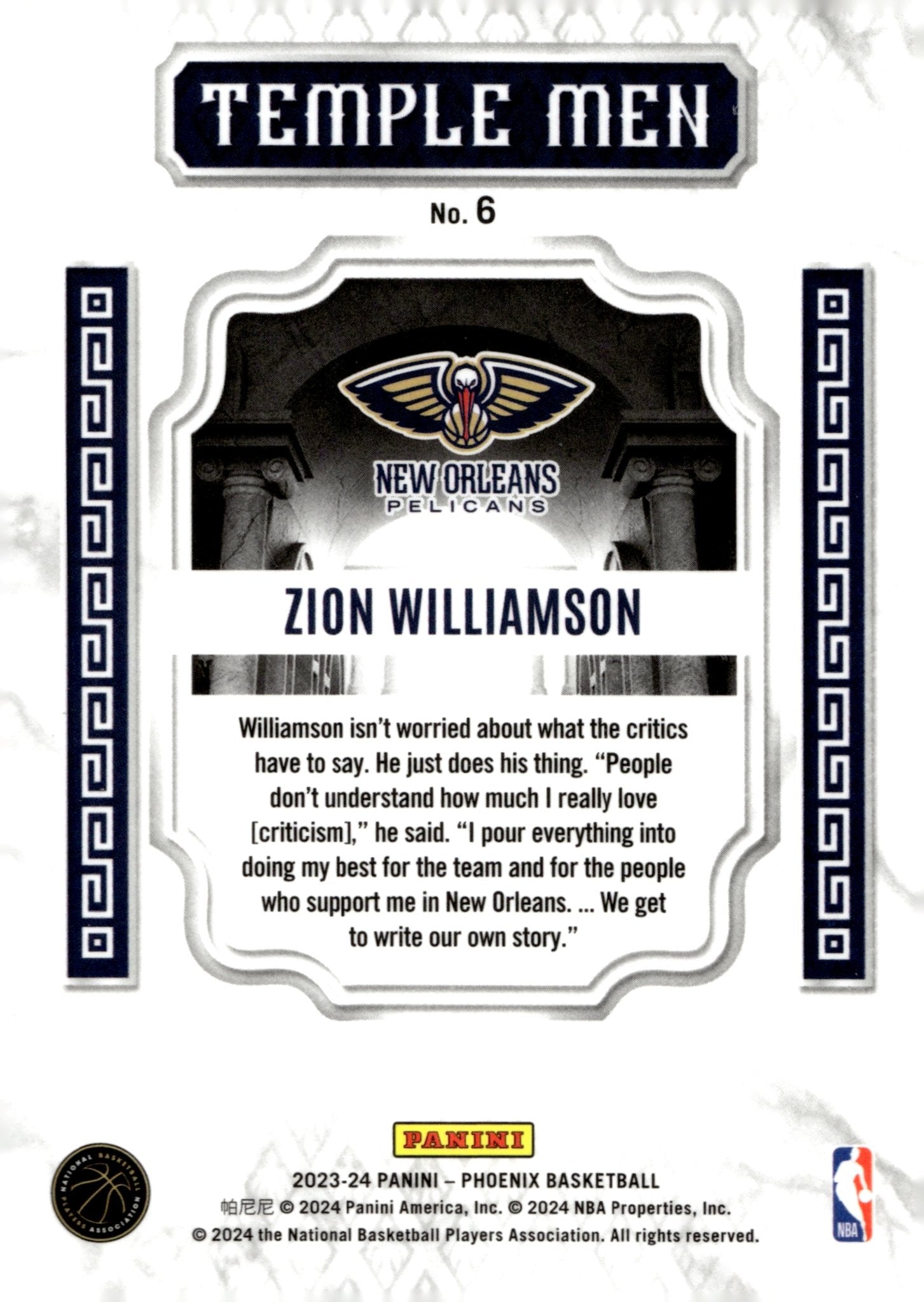 Zion Williamson 2023 - 24 Panini Phoenix Temple Men Purple Ice Prizm #6 - Collector Store LLC