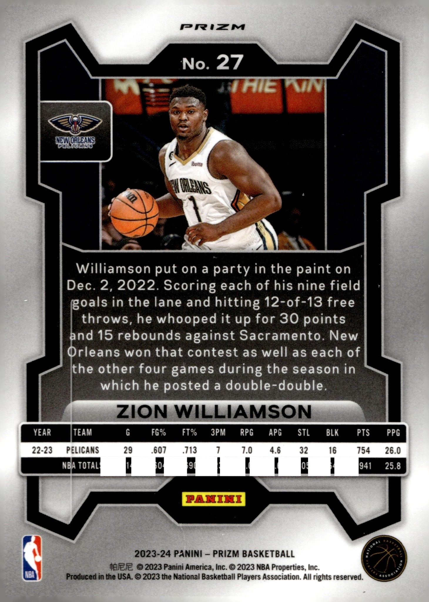Zion Williamson 2023 - 24 - Panini Prizm Red White & Blue Prizm #27 - Collector Store LLC