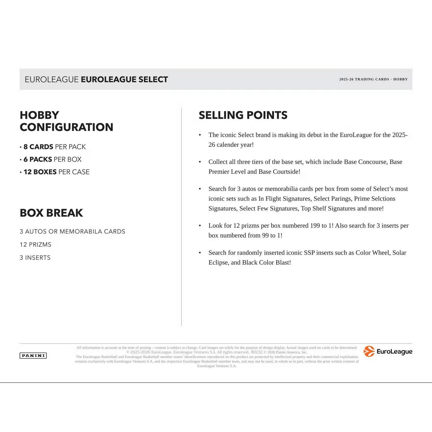 2025-26 Panini Select Euroleague Basketball Hobby Box