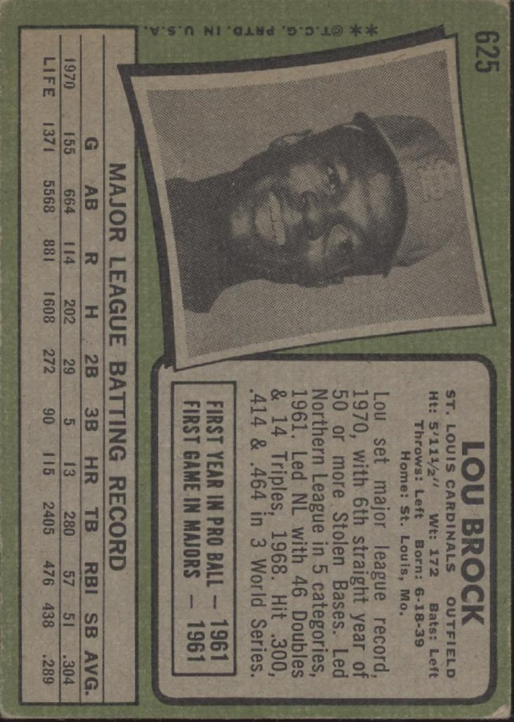Lou Brock 1971 Topps #625 St. Louis Cardinals GD #2