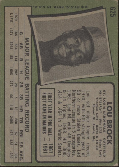 Lou Brock 1971 Topps #625 St. Louis Cardinals GD #2