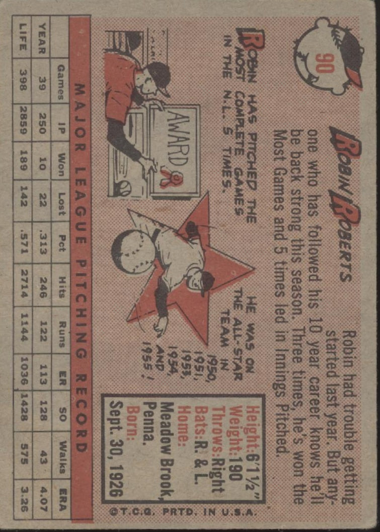 Robin Roberts 1958 Topps #90 Philadelphia Phillies GD
