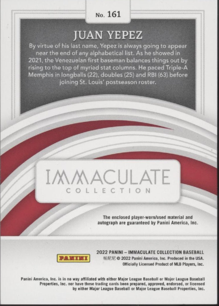 Juan Yepez 2022 Panini Immaculate Collection Swatch RC Auto 24/25 #161