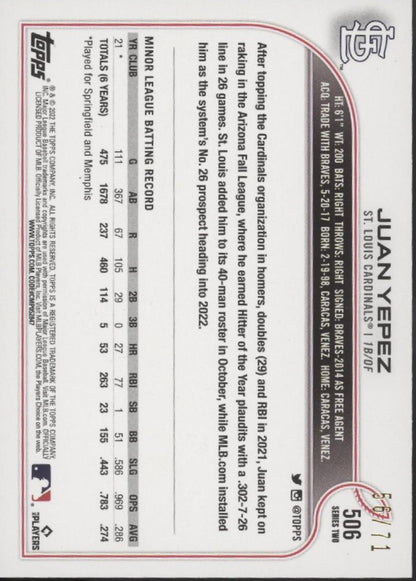 Juan Yepez 2022 Topps Series 2 Black Border RC 56/71 #506