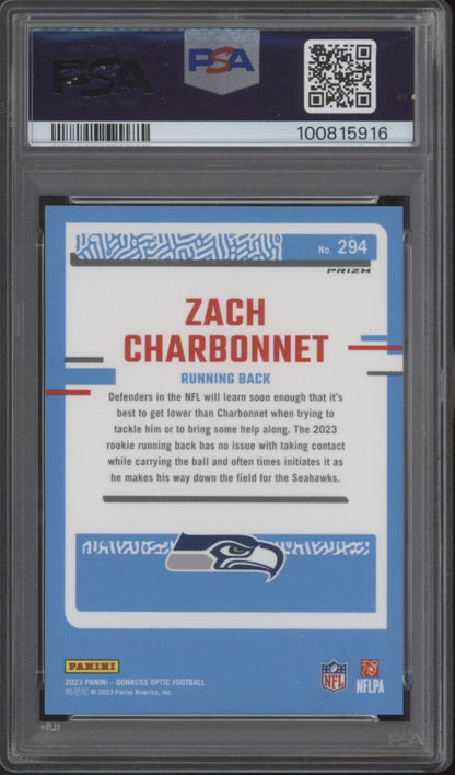 Zach Charbonnet 2023 Donruss Optic Rated Rookie Blue Hyper Prizm RC #294 PSA 9