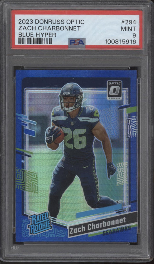 Zach Charbonnet 2023 Donruss Optic Rated Rookie Blue Hyper Prizm RC #294 PSA 9