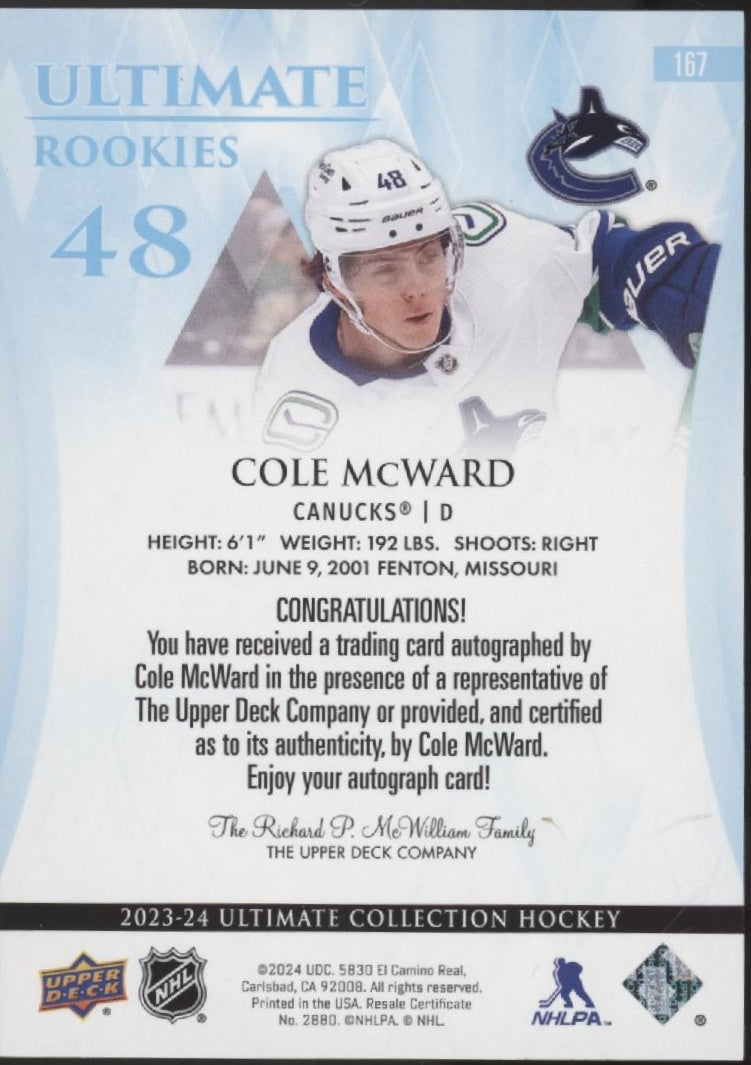 Cole McWard 2023-24 Upper Deck Ultimate Collection RC Auto 026/299 #167