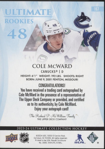 Cole McWard 2023-24 Upper Deck Ultimate Collection RC Auto 026/299 #167