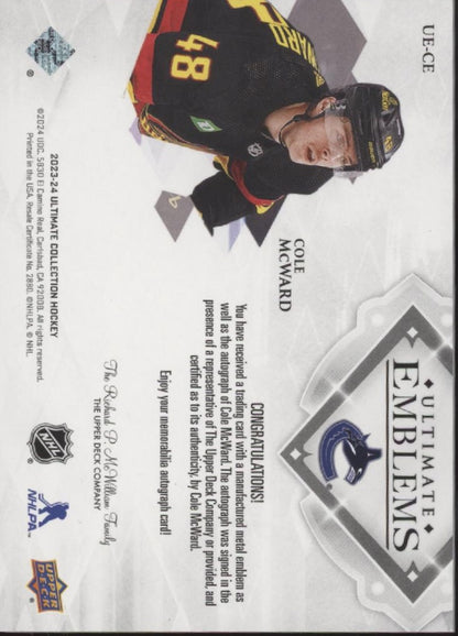 Cole McWard 2023-24 Upper Deck Ultimate Collection Emblems RC Auto #UE-CE
