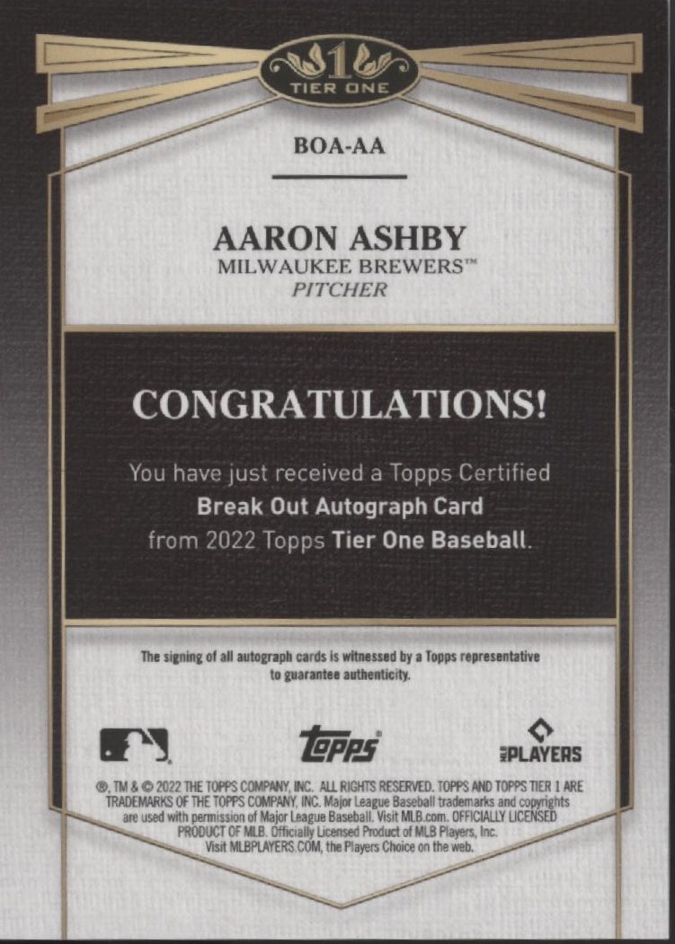 Aaron Ashby 2022 Topps Tier One Break Out RC Auto 096/299 #BOA-AA