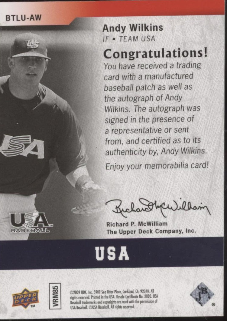 Andy Wilkins 2009 Upper Deck USA By the Letter Swatch Auto 096/100 #BTLU-AW