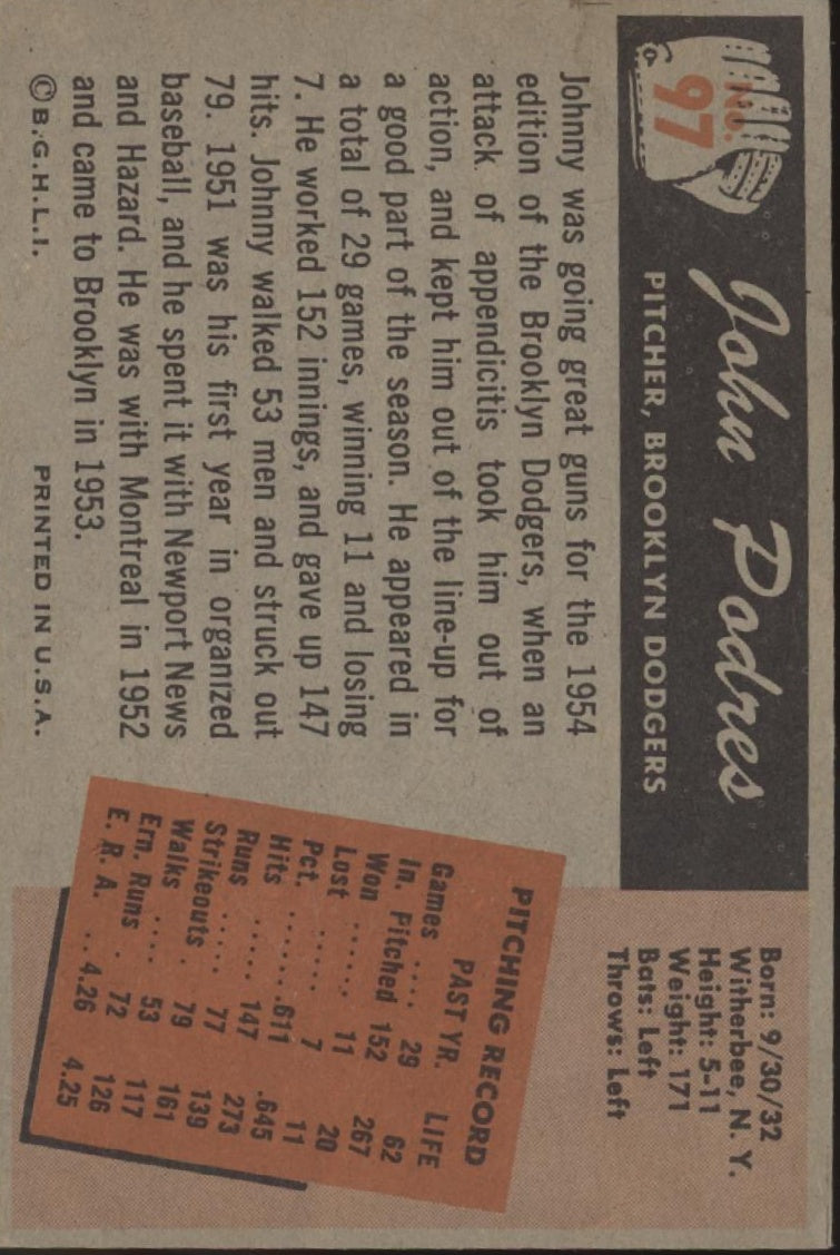 John Podres 1955 Bowman #97 Brooklyn Dodgers VG