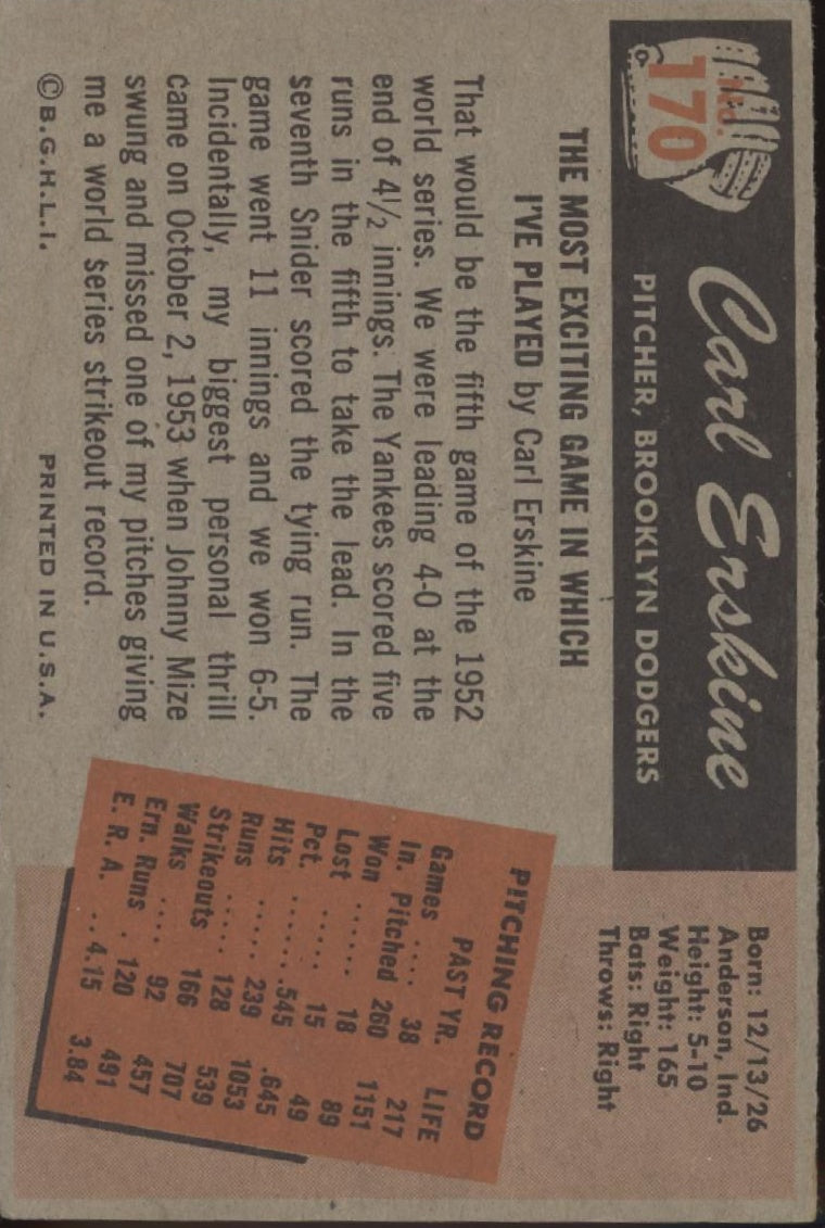 Carl Erskine 1955 Bowman #170 Brooklyn Dodgers VG #1
