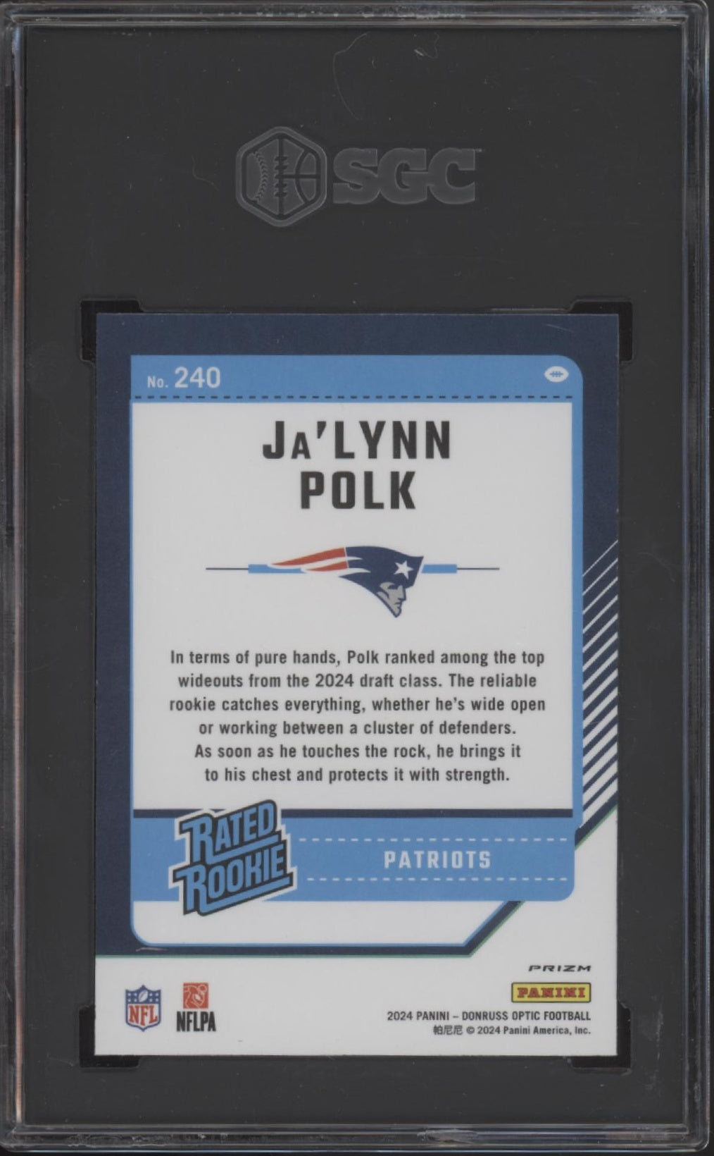 Ja'Lynn Polk 2024 Panini Donruss Optic Rated Rookie Pink Prizm RC #240 SGC 9.5