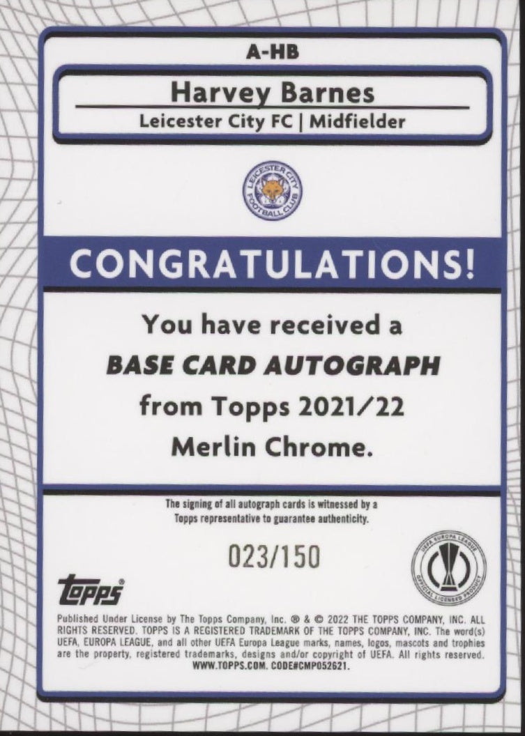 Harvey Barnes 2022-23 Topps Merlin UEFA CL Speckle Refractor Auto 023/150 #A-HB
