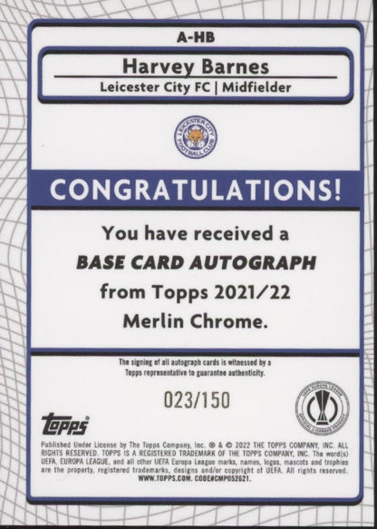 Harvey Barnes 2022-23 Topps Merlin UEFA CL Speckle Refractor Auto 023/150 #A-HB