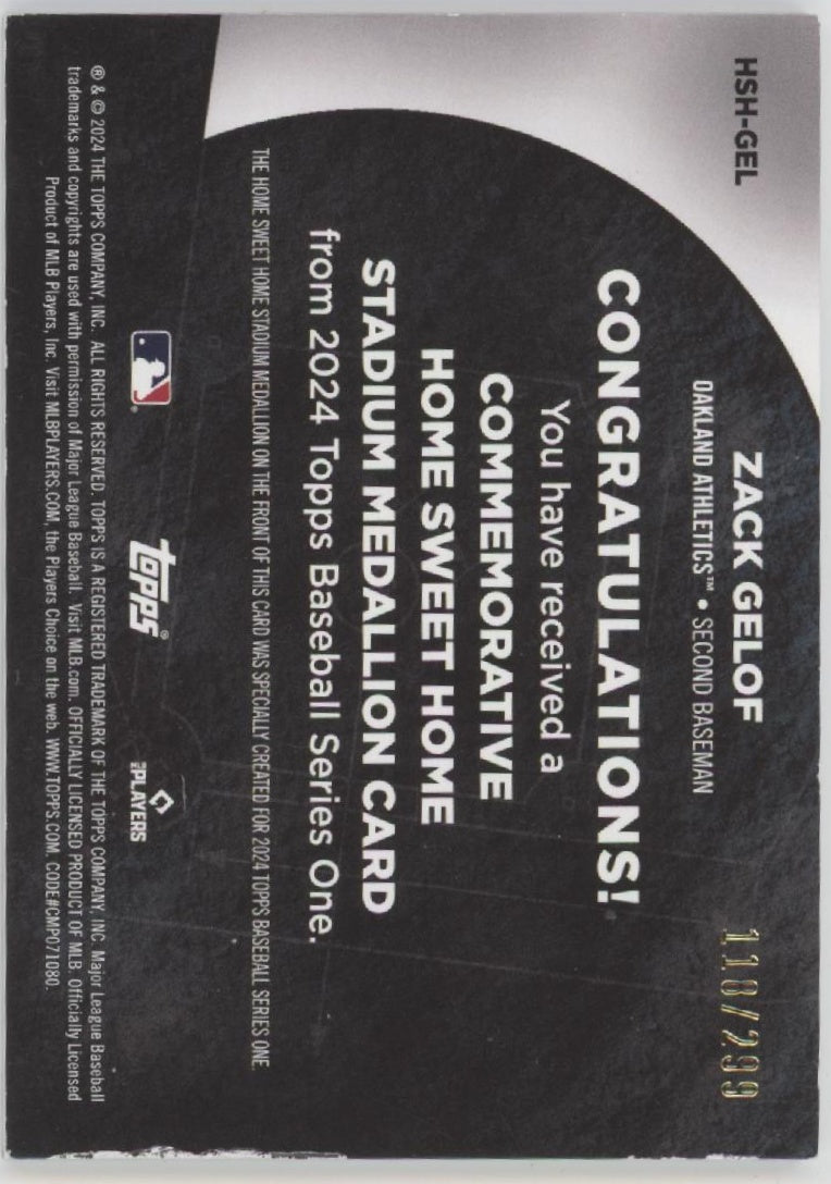 Zack Gelof 2024 Topps Series 1 Commemorative Home Sweet Home Medallion RC /299