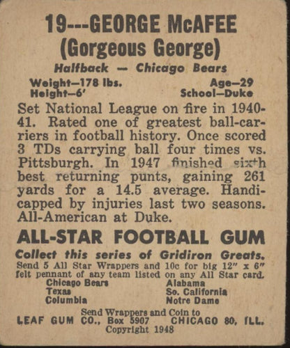 George McAfee 1948 Leaf #19 Chicago Bears PR #1