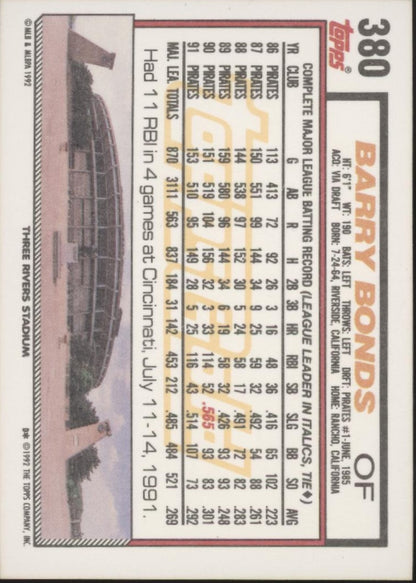 Barry Bonds 1992 Topps Gold Winner #380