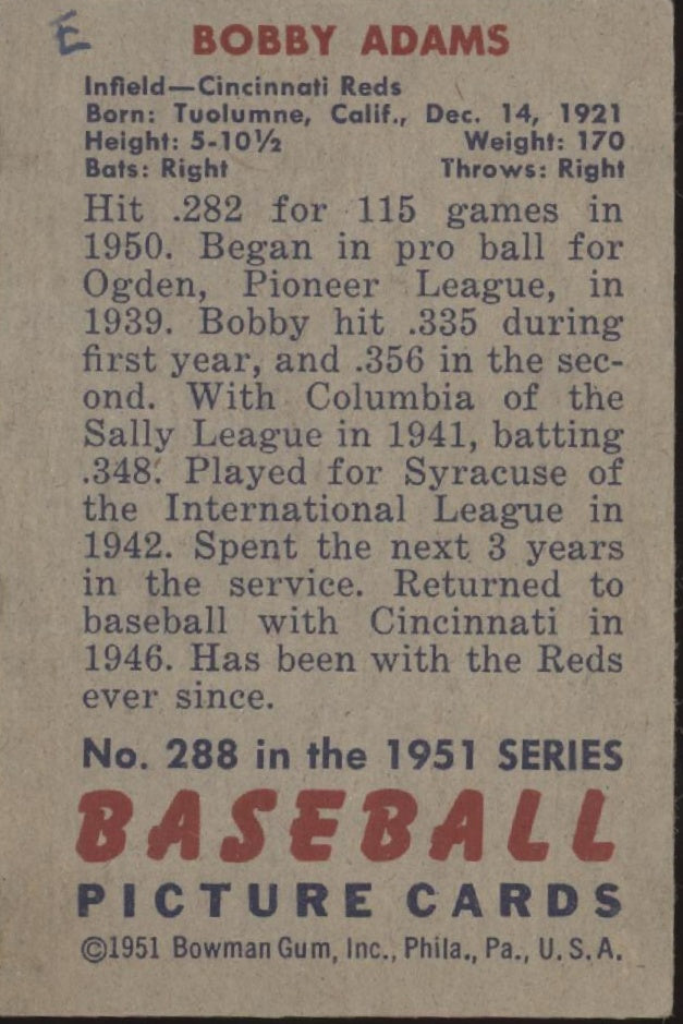 Bobby Adams 1951 Bowman #288 Cincinnati Reds VG Marked