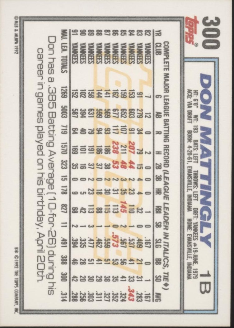 Don Mattingly 1992 Topps Gold Winner #300