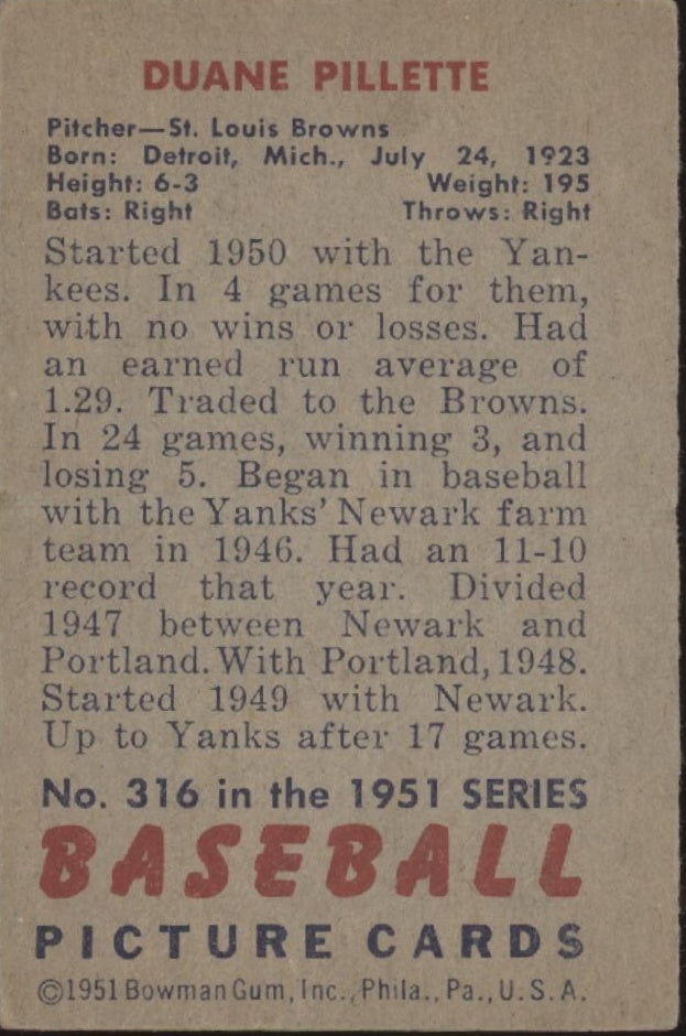 Duane Pillette 1951 Bowman RC #316 St. Louis Browns VG-EX