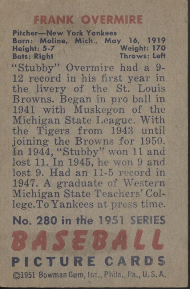 Frank Overmire 1951 Bowman #280 St. Louis Browns VG