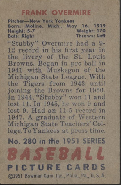 Frank Overmire 1951 Bowman #280 St. Louis Browns VG
