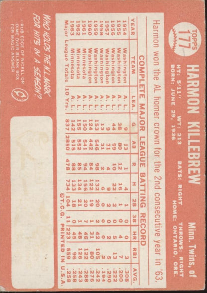 Harmon Killebrew 1964 Topps #177 Minnesota Twins EX