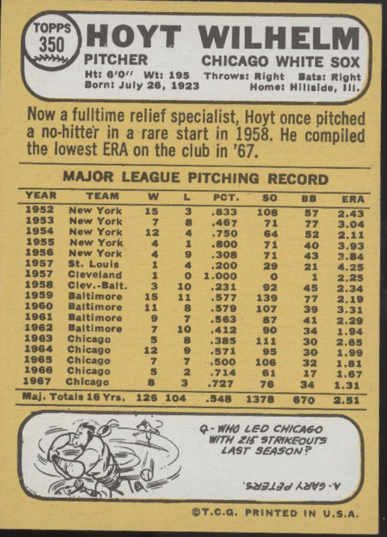 Hoyt Wilhelm 1968 Topps #350 Chicago White Sox VG-EX