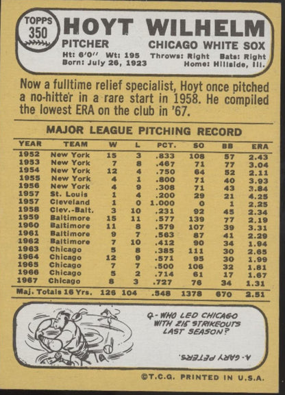 Hoyt Wilhelm 1968 Topps #350 Chicago White Sox VG-EX