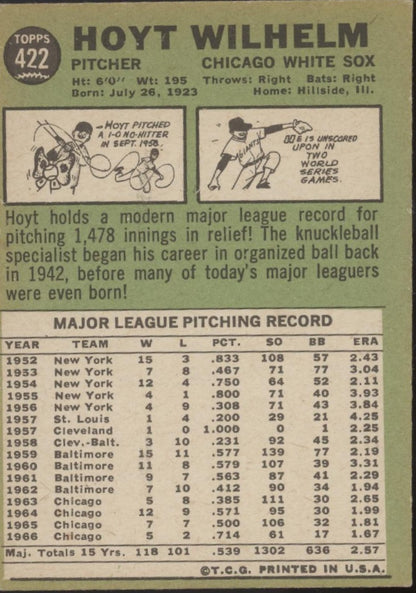 Hoyt Wilhelm 1967 Topps #422 Chicago White Sox VG-EX #3