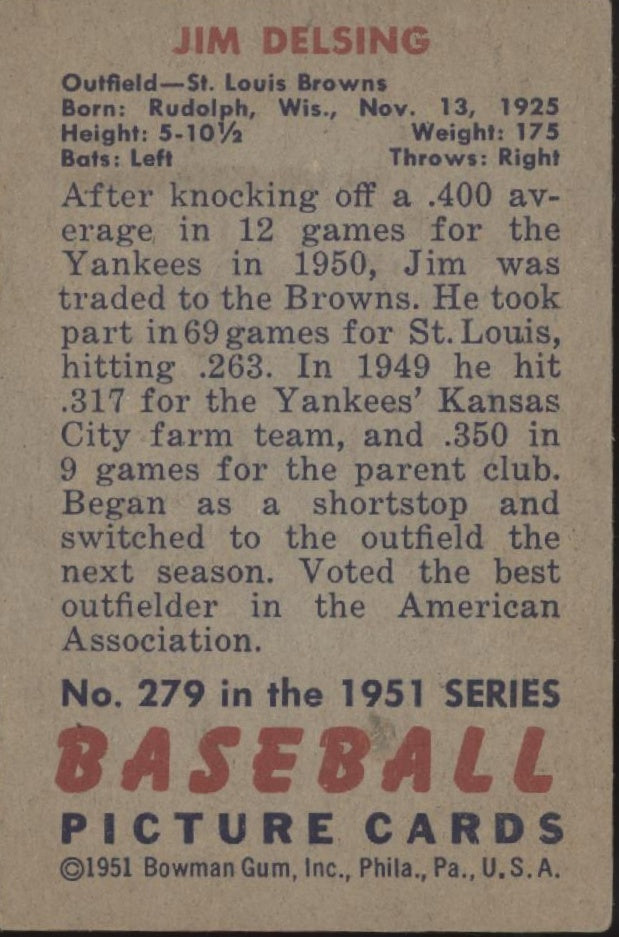 Jim Delsing 1951 Bowman RC #279 St. Louis Browns VG-EX