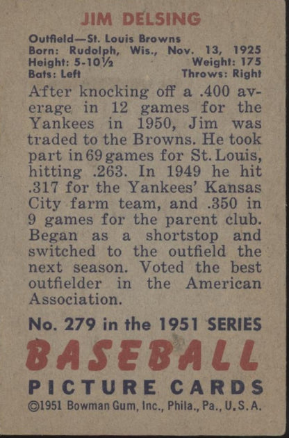 Jim Delsing 1951 Bowman RC #279 St. Louis Browns VG-EX