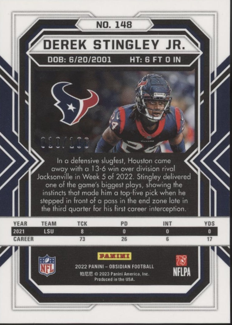 Derek Stingley Jr. 2022 Panini Obsidian Purple Refractor RC 010/100 #148