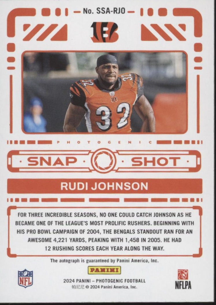 Rudi Johnson 2024 Panini Photgenic Snap Shot Auto #SSA-RJO
